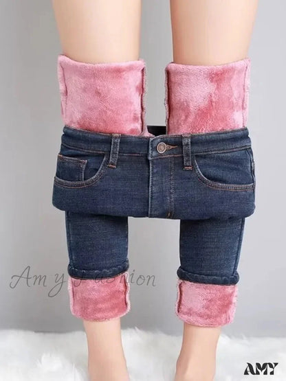 Amy Fashion - Thickened Plush Elastic Slim Pencil Winter Wool Insulation Fur Jean Blue / 25