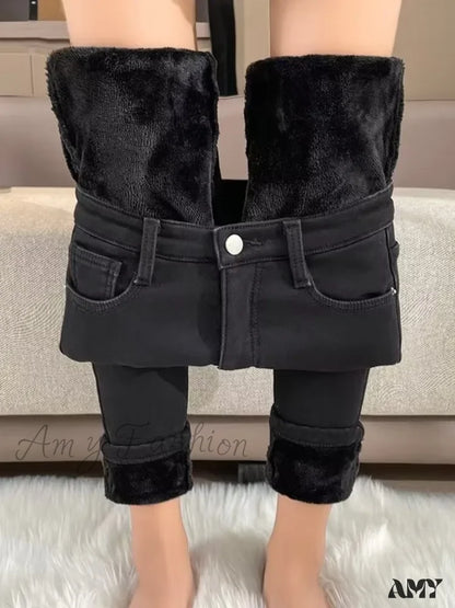 Amy Fashion - Thickened Plush High Waist Elastic Slim Pencil Winter Wool Insulation Fur Jean