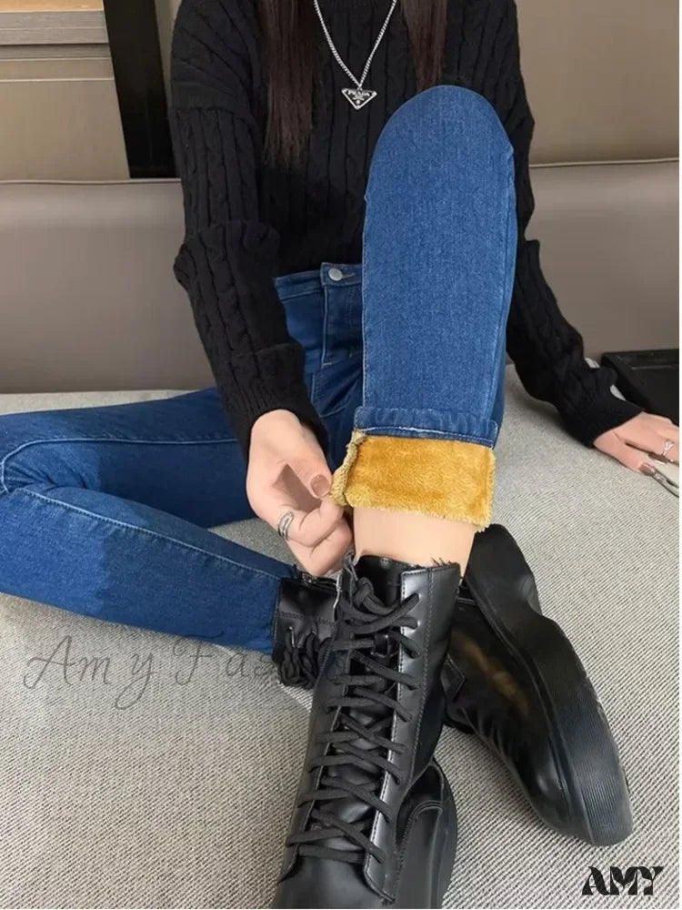 Amy Fashion - Thickened Plush High Waist Elastic Slim Pencil Winter Wool Insulation Fur Jean