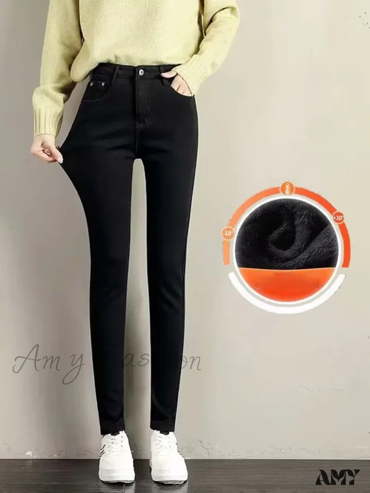 Amy Fashion - Thickened Plush High Waist Elastic Slim Pencil Winter Wool Insulation Fur Jean Black