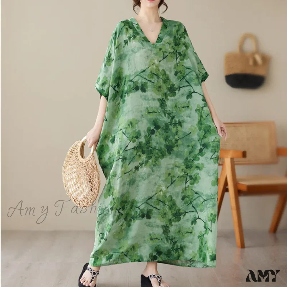 Amy Fashion - Tie Dye Floral Printed Batwing Sleeve Boho Dress