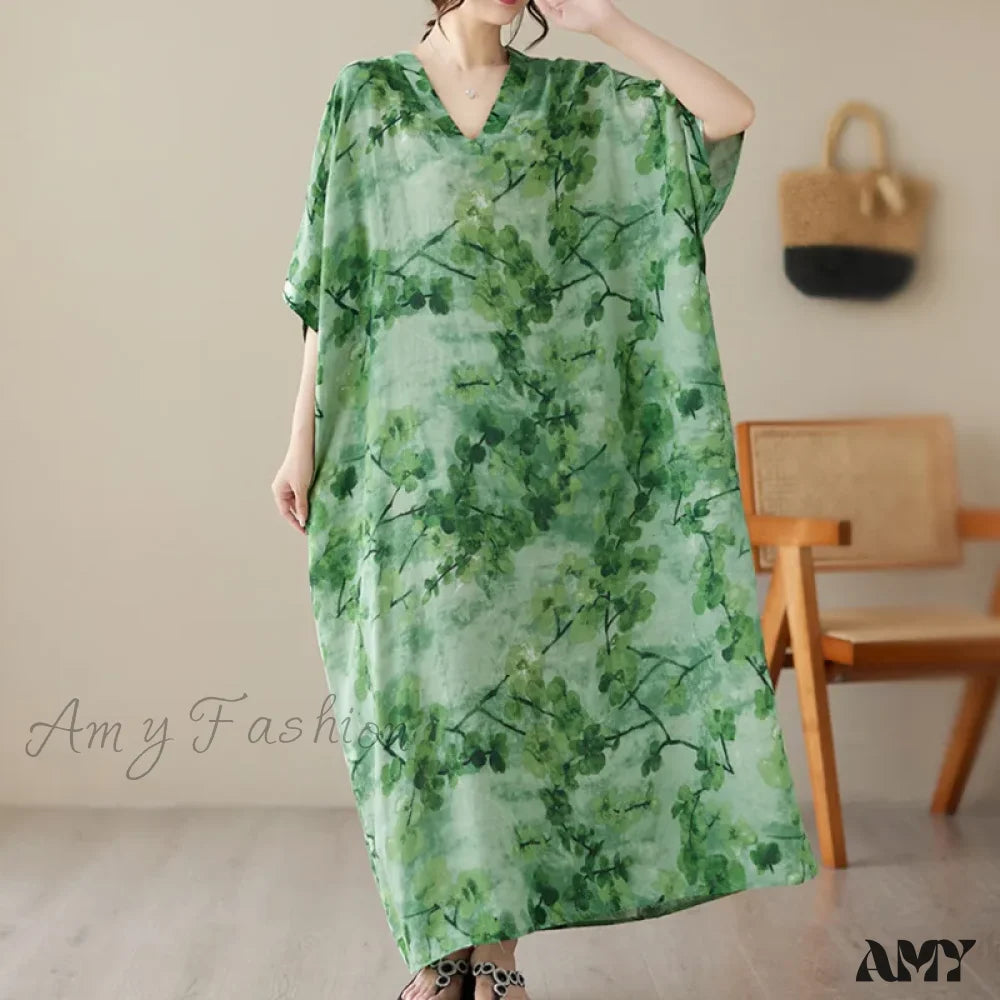 Amy Fashion - Tie Dye Floral Printed Batwing Sleeve Boho Dress