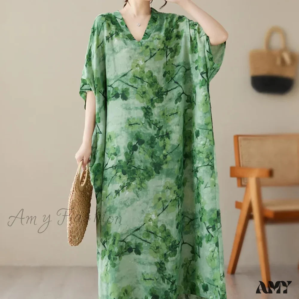 Amy Fashion - Tie Dye Floral Printed Batwing Sleeve Boho Dress