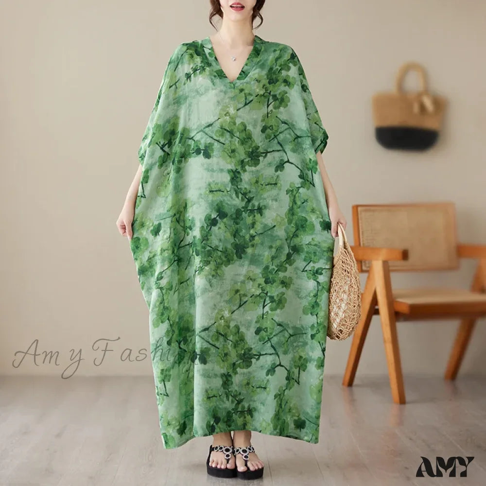 Amy Fashion - Tie Dye Floral Printed Batwing Sleeve Boho Dress