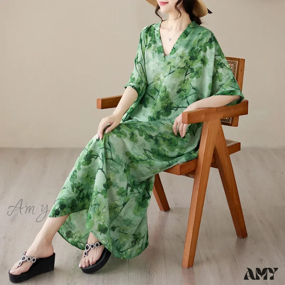 Amy Fashion - Tie Dye Floral Printed Batwing Sleeve Boho Dress