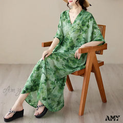 Amy Fashion - Tie Dye Floral Printed Batwing Sleeve Boho Dress