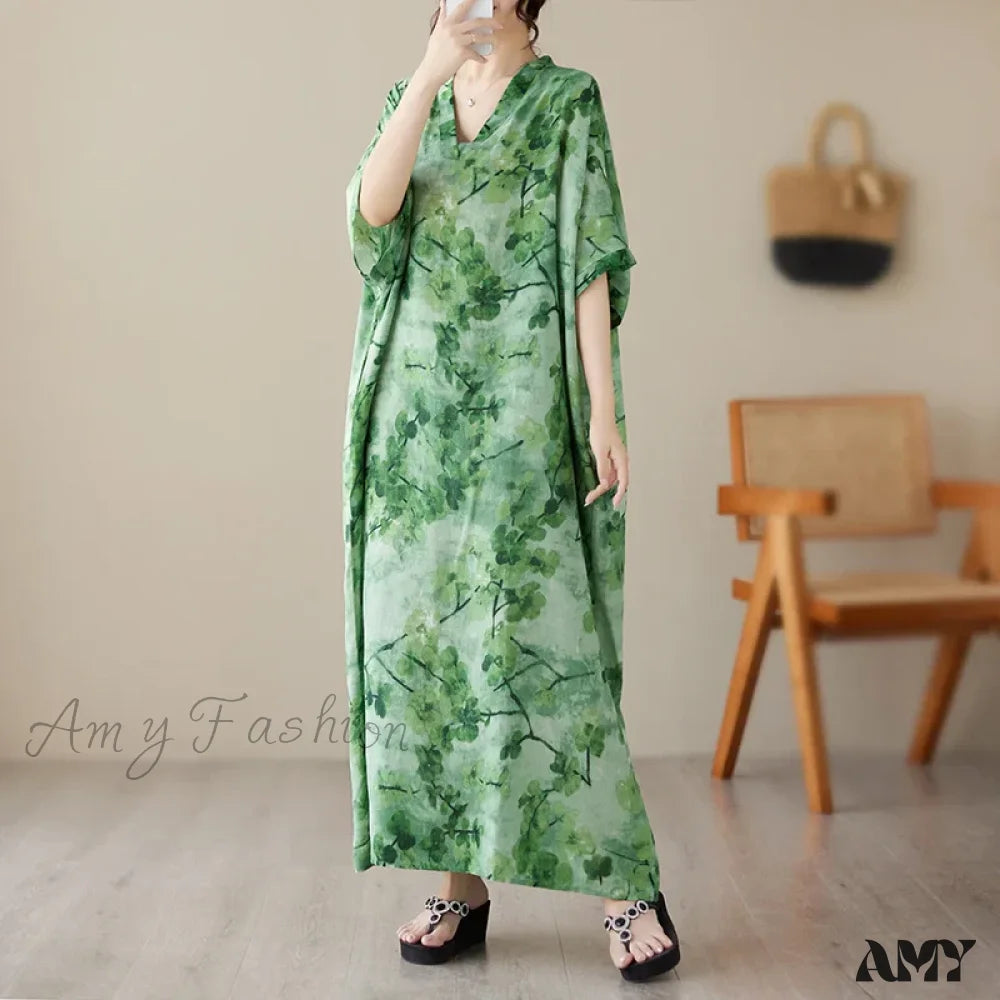 Amy Fashion - Tie Dye Floral Printed Batwing Sleeve Boho Dress Green / One Size