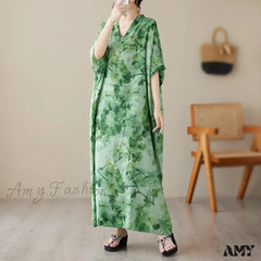 Amy Fashion - Tie Dye Floral Printed Batwing Sleeve Boho Dress Green / One Size