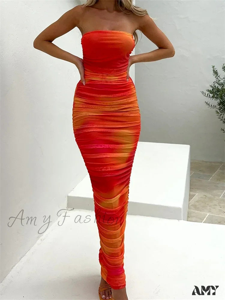 Amy Fashion - Tie Dyeing Print Strapless Tube For Women Sexy Off Shoulder Party Slim Ruched Female