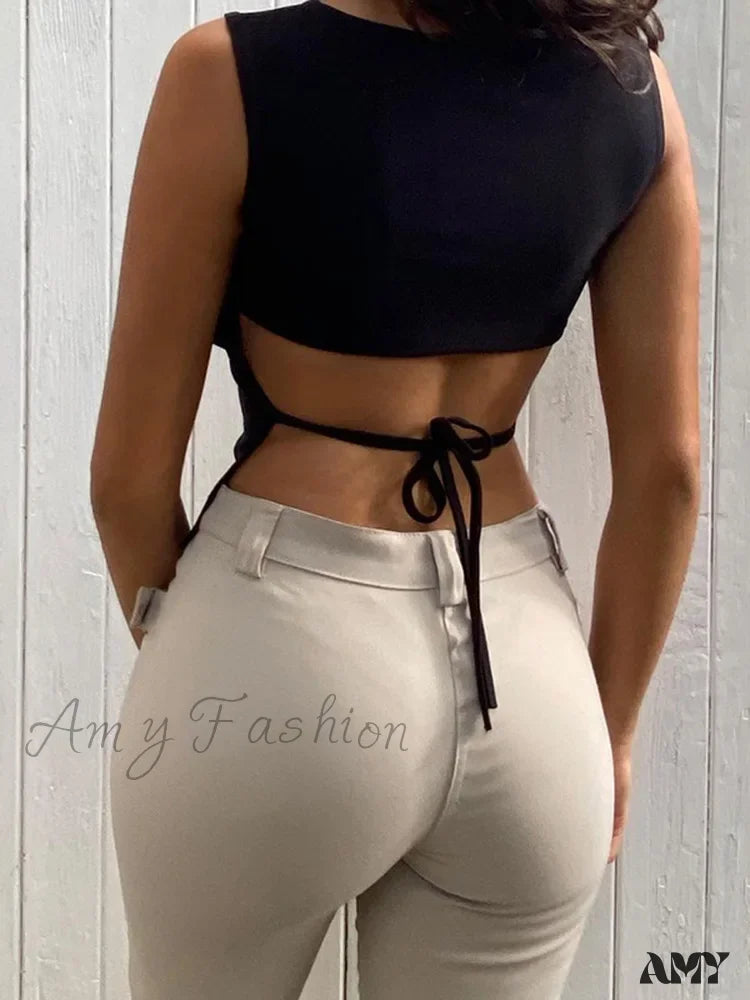 Amy Fashion - Tied Backless Slim Sleeveless Sexy Mock Neck Crop Top