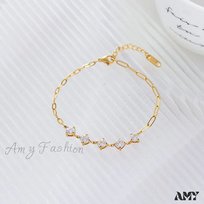 Amy Fashion - Titanium Steel White Zircon Paperclip Chain Bracelet