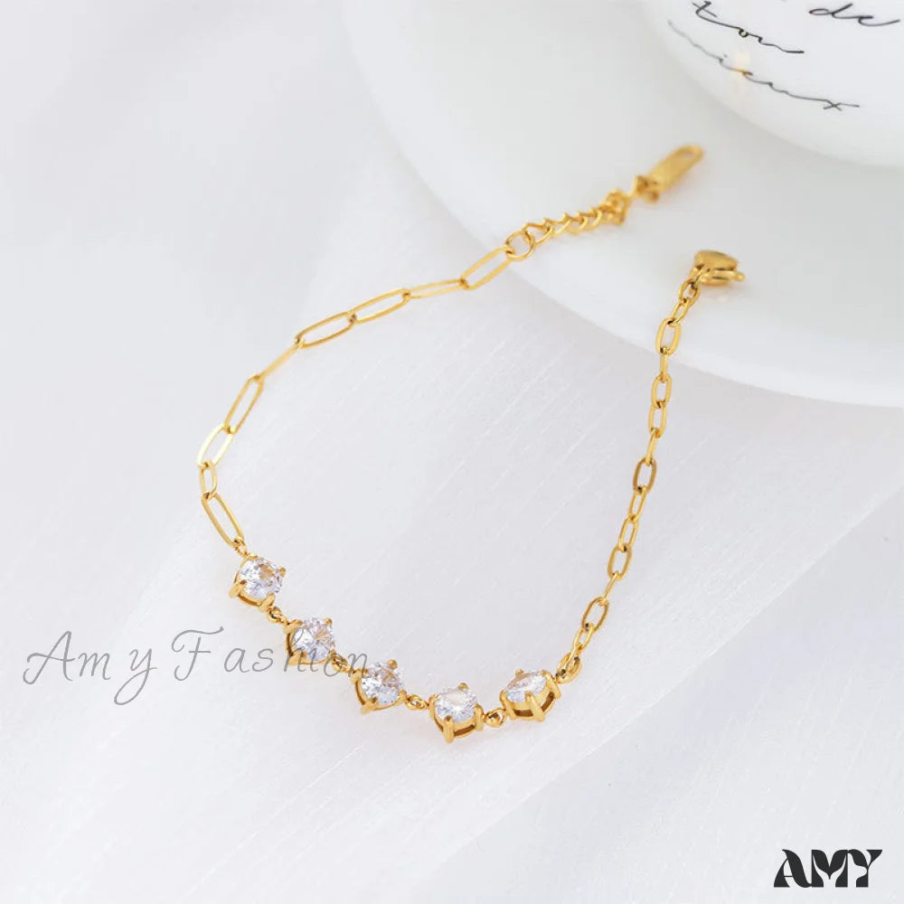 Amy Fashion - Titanium Steel White Zircon Paperclip Chain Bracelet