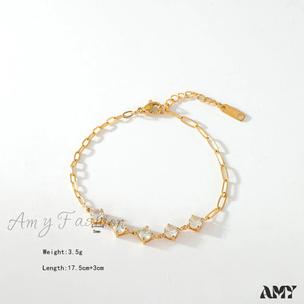 Amy Fashion - Titanium Steel White Zircon Paperclip Chain Bracelet