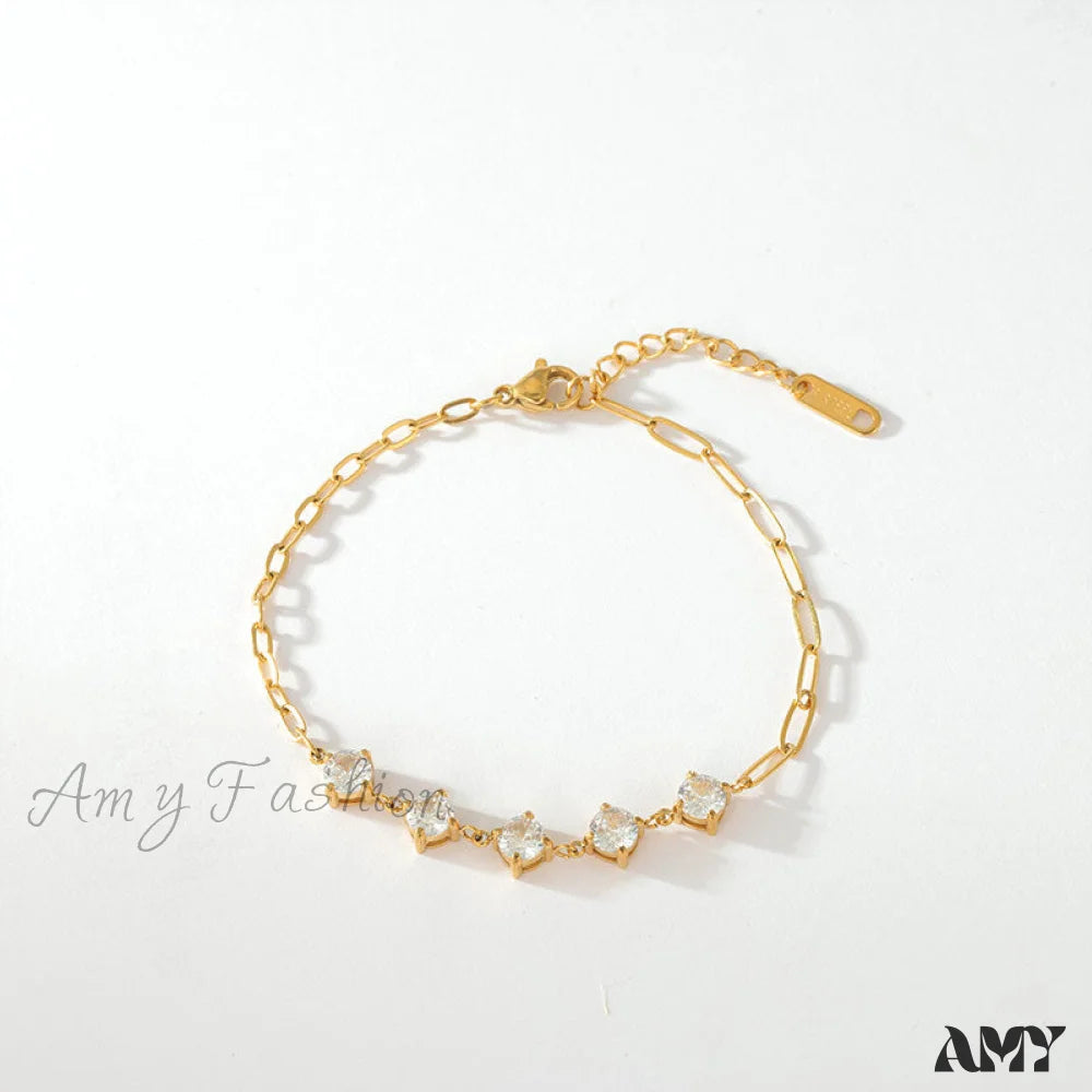 Amy Fashion - Titanium Steel White Zircon Paperclip Chain Bracelet Gold