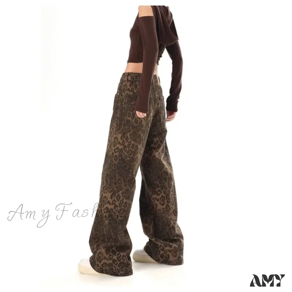 Amy Fashion - Trendy Autumnal American Retro Leopard Print Niche Design Casual Straight Wide-Leg