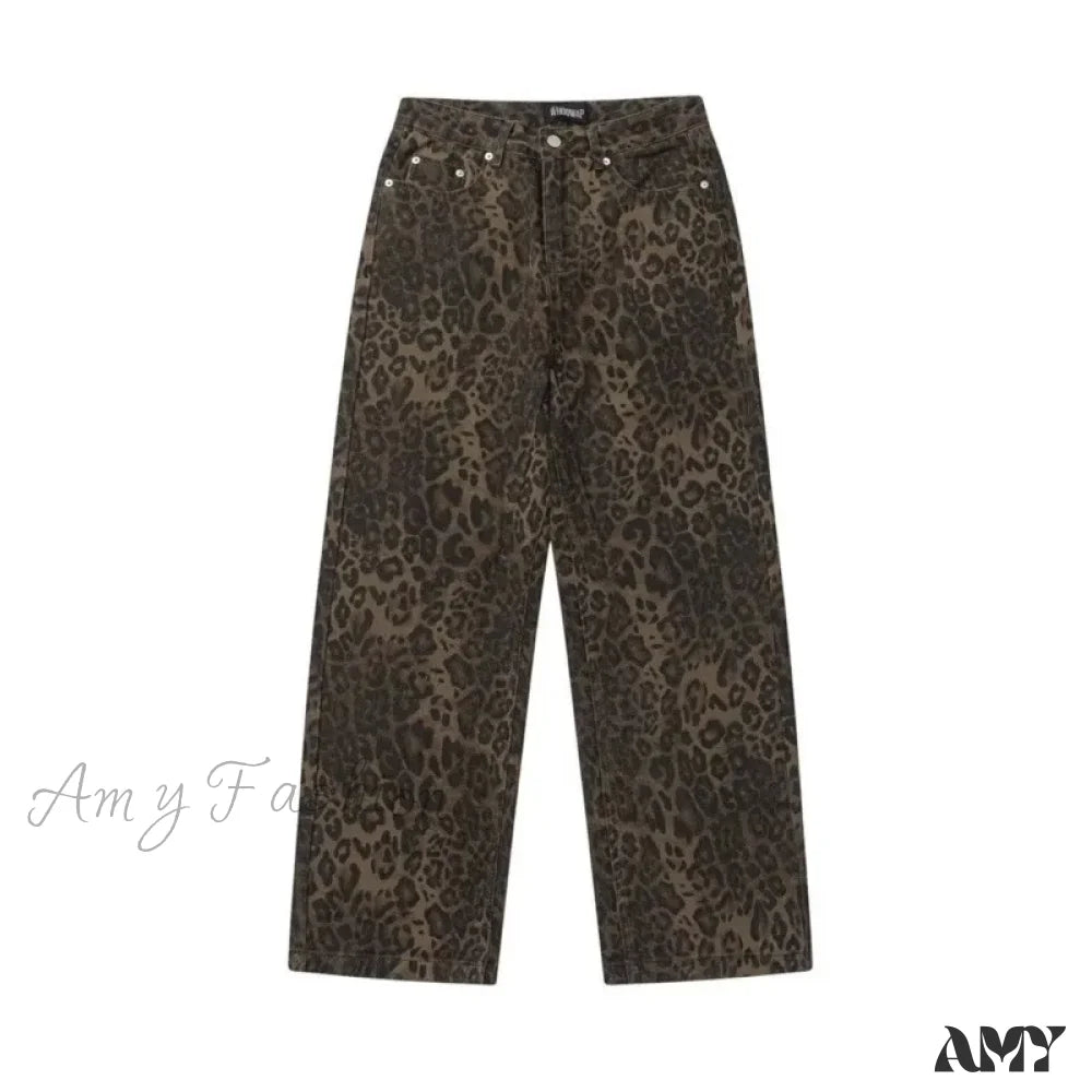 Amy Fashion - Trendy Autumnal American Retro Leopard Print Niche Design Casual Straight Wide-Leg