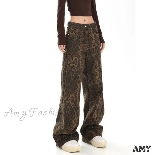 Amy Fashion - Trendy Autumnal American Retro Leopard Print Niche Design Casual Straight Wide-Leg