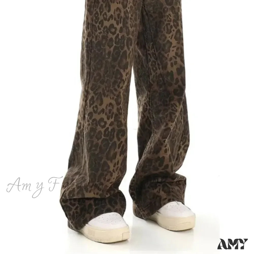 Amy Fashion - Trendy Autumnal American Retro Leopard Print Niche Design Casual Straight Wide-Leg