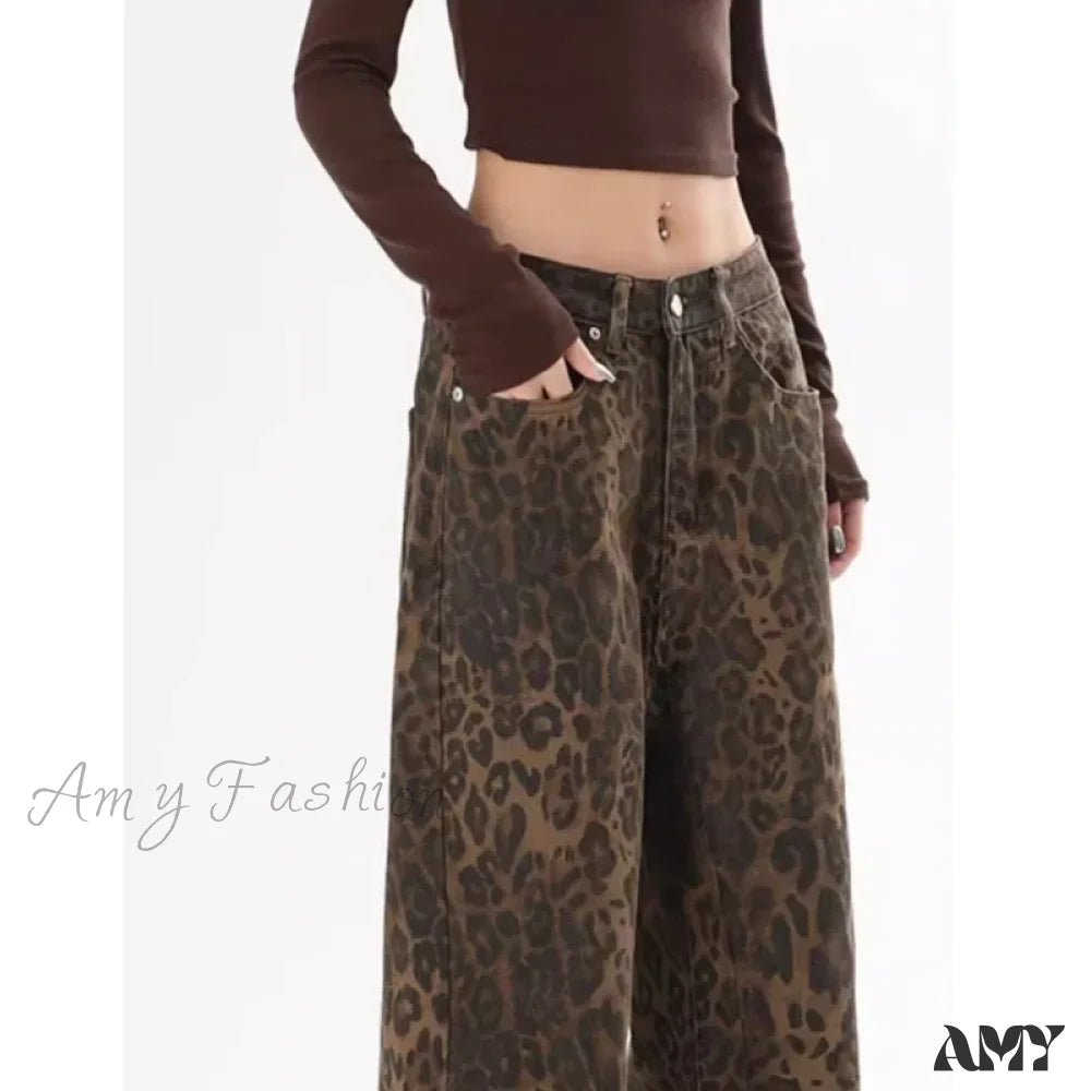 Amy Fashion - Trendy Autumnal American Retro Leopard Print Niche Design Casual Straight Wide-Leg