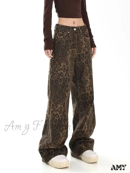 Amy Fashion - Trendy Autumnal American Retro Leopard Print Niche Design Casual Straight Wide-Leg