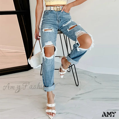 Amy Fashion - Trendy Blue High Waist Ripped Streetwear Casual Denim Jean / S