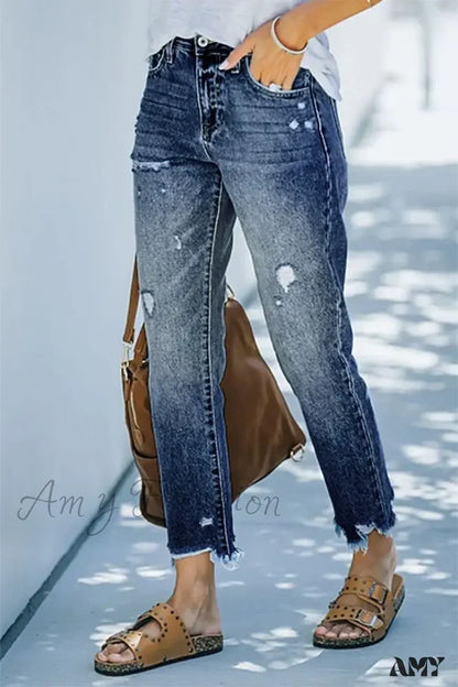 Amy Fashion - Trendy Casual Blue High Waist Streetwear Ripped Denim Jean Dark / S