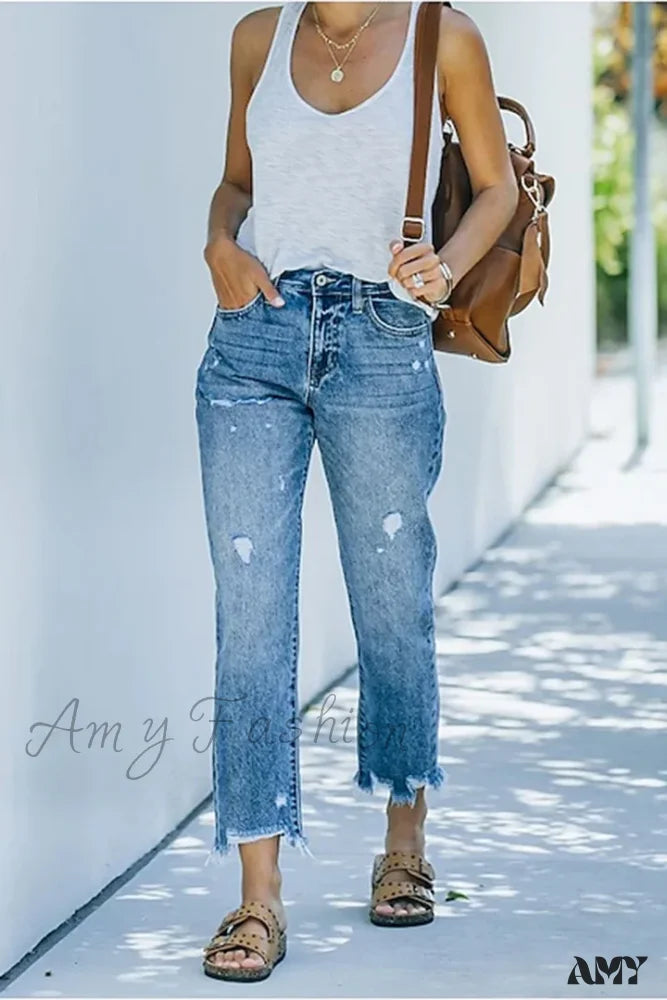 Amy Fashion - Trendy Casual Blue High Waist Streetwear Ripped Denim Jean Light Blue / S