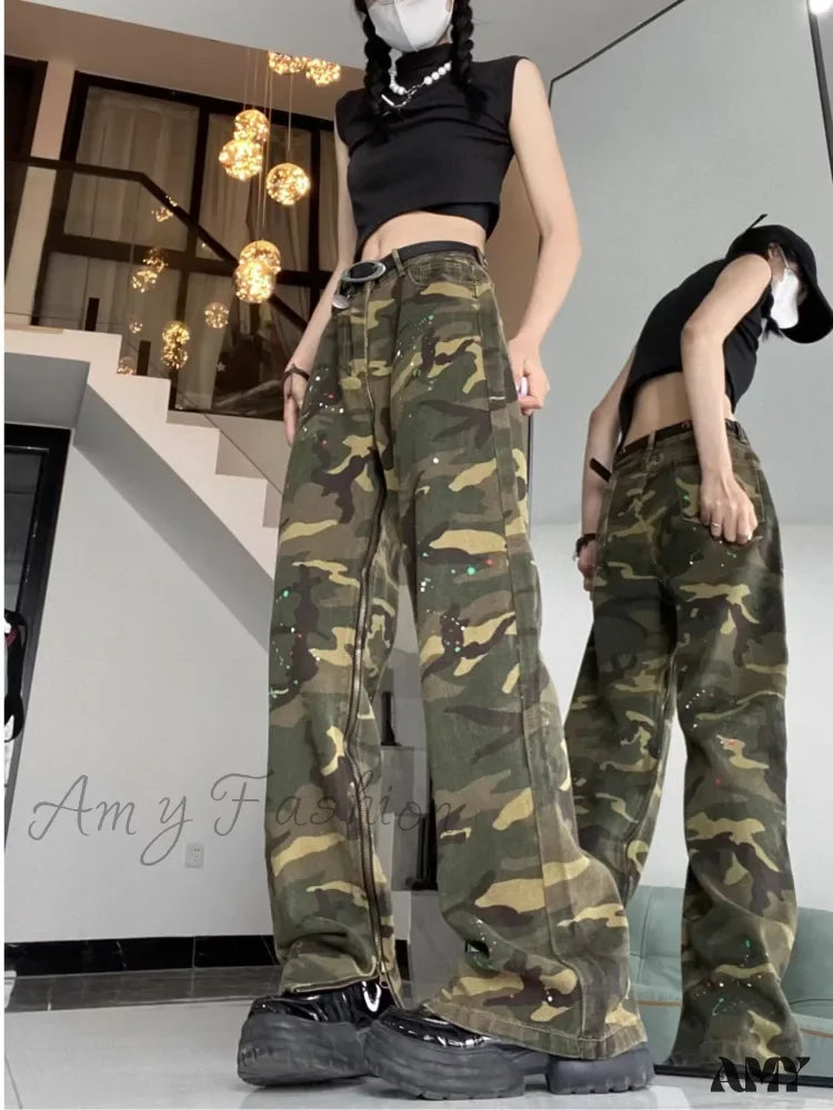Amy Fashion - Trendy Hip-Hop Vintage Versatile Work Clothes Loose Splashed Ink Camouflage Wide Leg