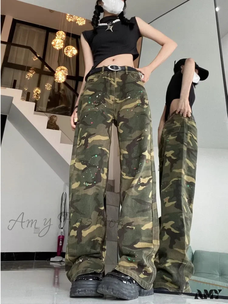 Amy Fashion - Trendy Hip-Hop Vintage Versatile Work Clothes Loose Splashed Ink Camouflage Wide Leg