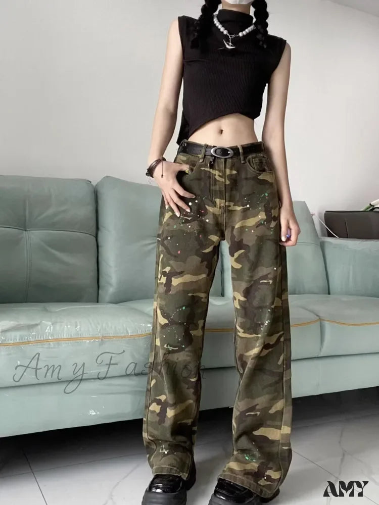 Amy Fashion - Trendy Hip-Hop Vintage Versatile Work Clothes Loose Splashed Ink Camouflage Wide Leg