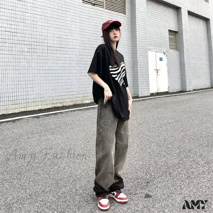 Amy Fashion - Trendy Hong Kong Style Autumn Casual Straight Leg Brand Natural Waist Jean