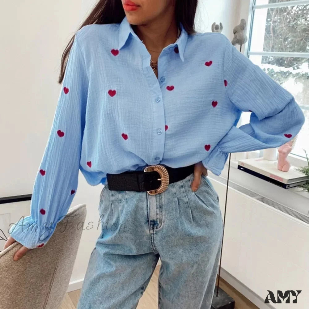 Amy Fashion - Turn Down Collar Heart Print Blouses