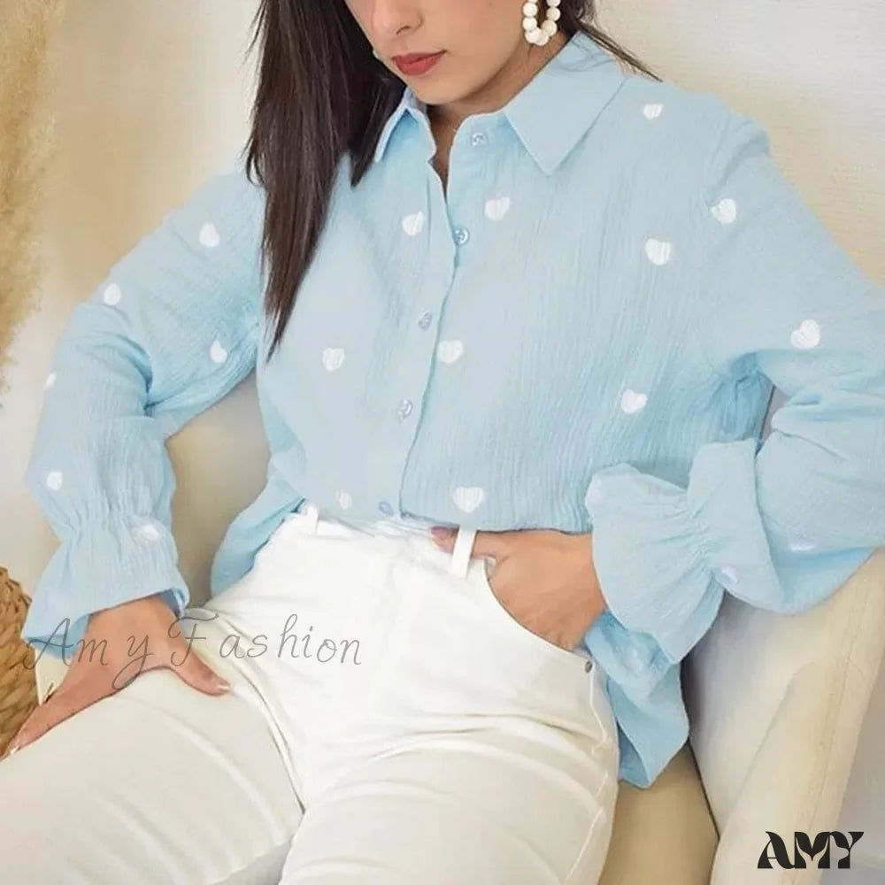 Amy Fashion - Turn Down Collar Heart Print Blouses