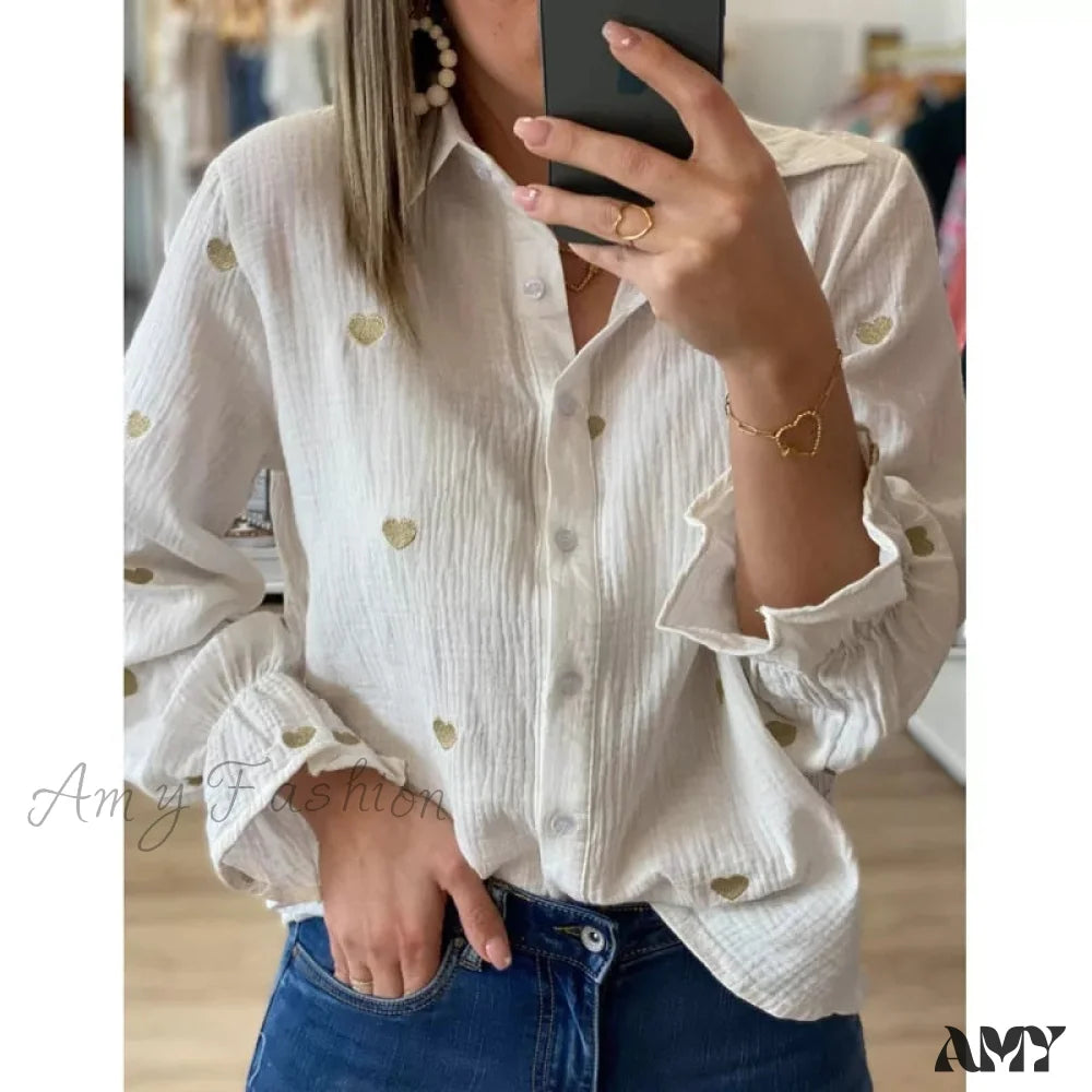 Amy Fashion - Turn Down Collar Heart Print Blouses