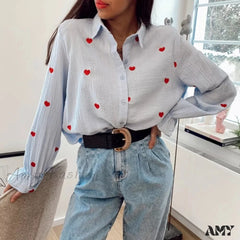 Amy Fashion - Turn Down Collar Heart Print Blouses