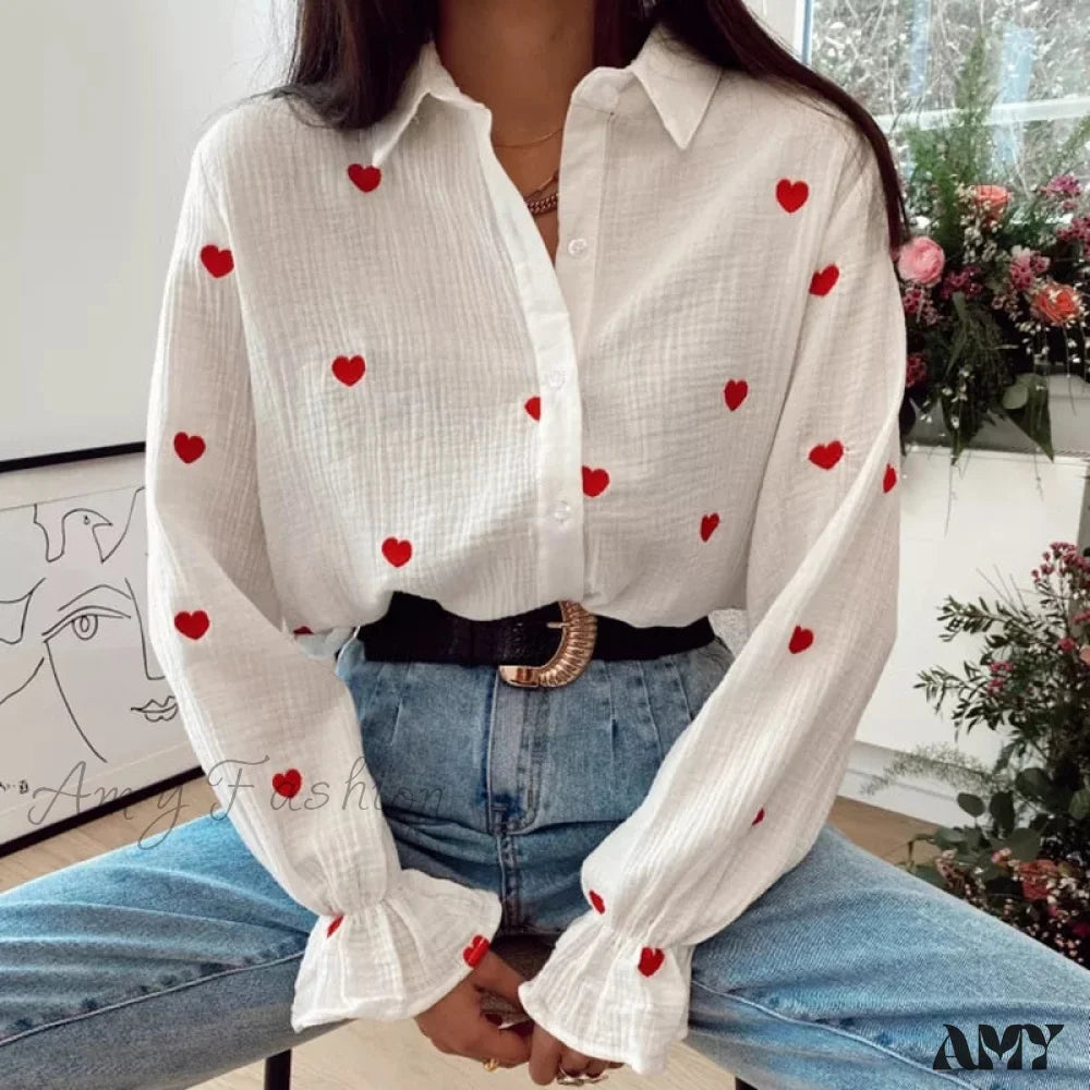 Amy Fashion - Turn Down Collar Heart Print Blouses