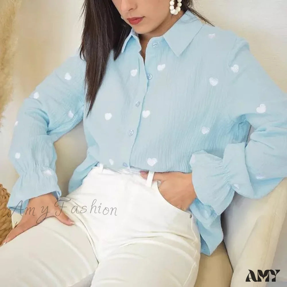 Amy Fashion - Turn Down Collar Heart Print Blouses Light Blue / S