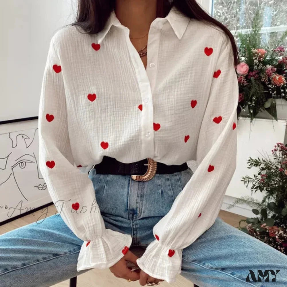 Amy Fashion - Turn Down Collar Heart Print Blouses White / S