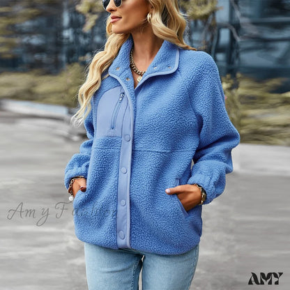 Amy Fashion - Turn Down Collar Patchwork Jacket Blue / S