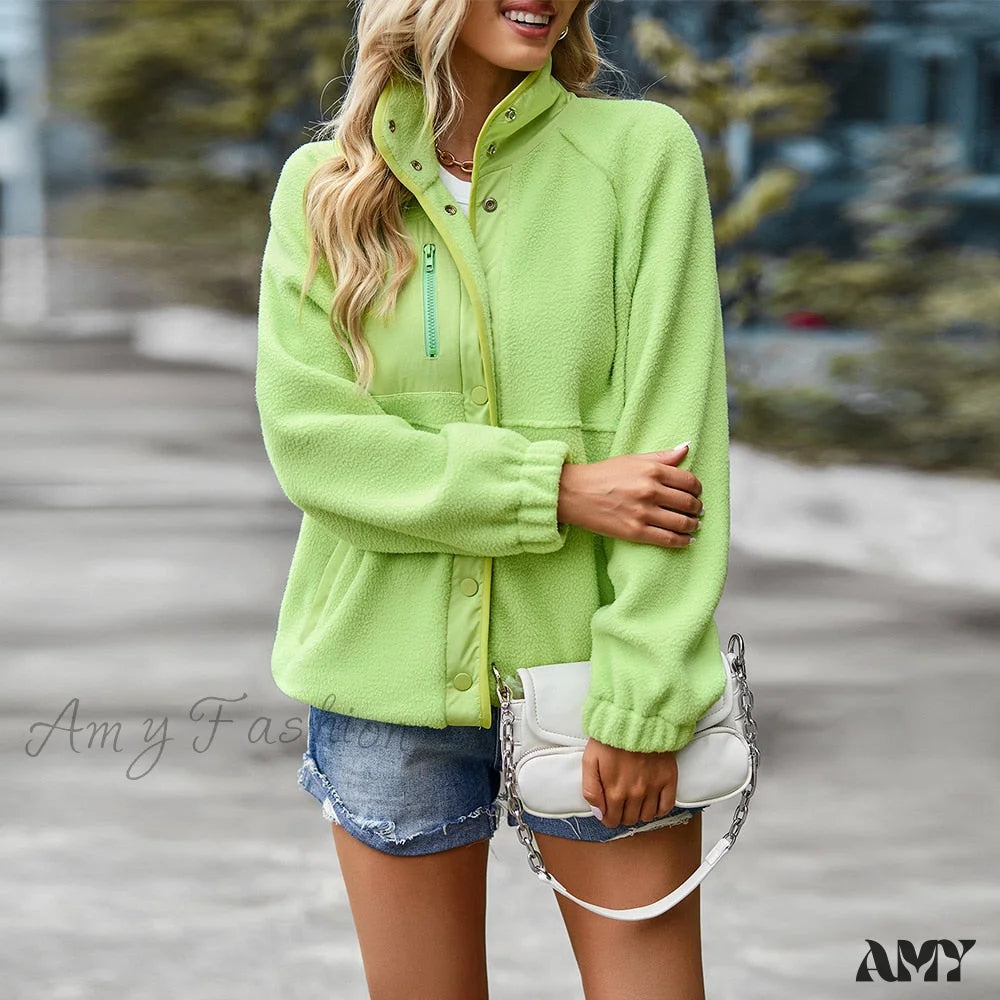 Amy Fashion - Turn Down Collar Patchwork Jacket Green / S