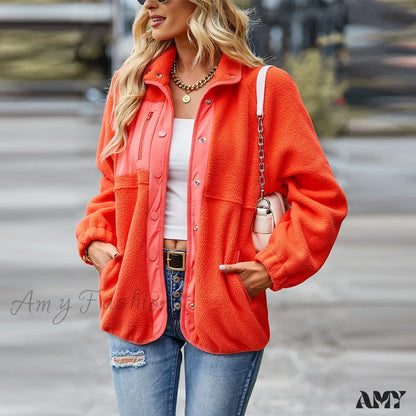 Amy Fashion - Turn Down Collar Patchwork Jacket Red / S