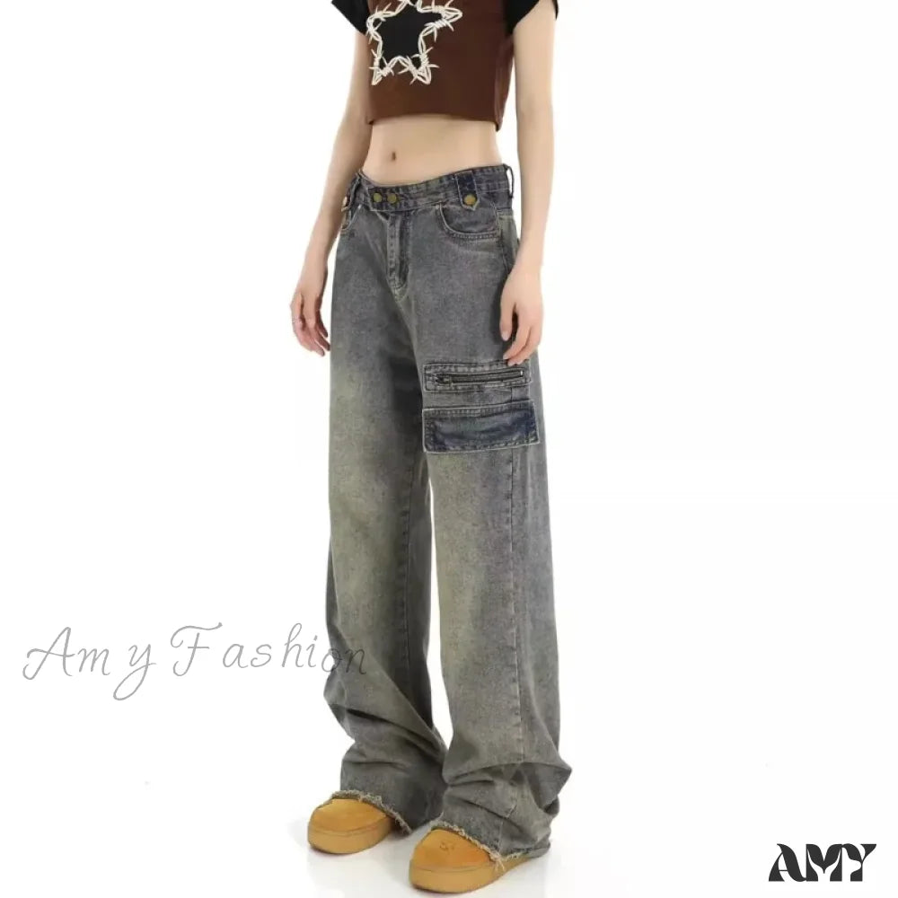 Amy Fashion - Unique Design Straight Pocket Floor Long Retro High Waisted Workwear Summer Women’s