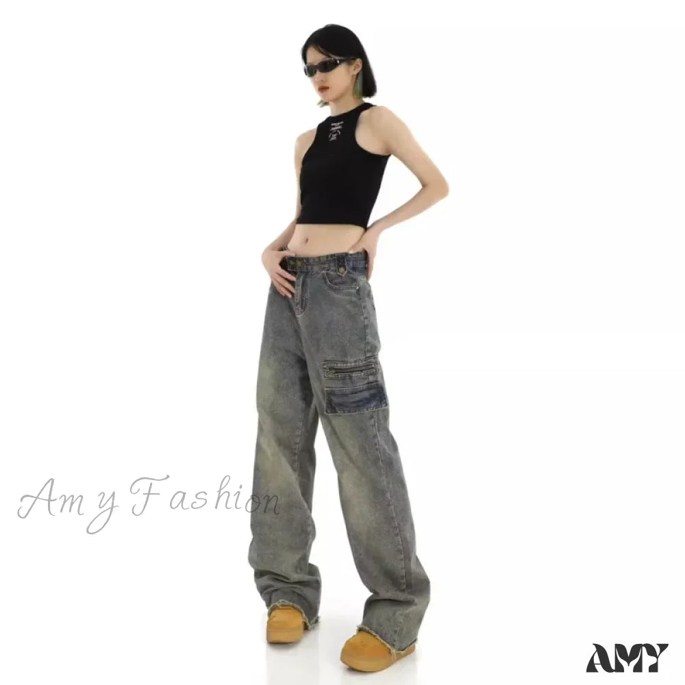 Amy Fashion - Unique Design Straight Pocket Floor Long Retro High Waisted Workwear Summer Women’s