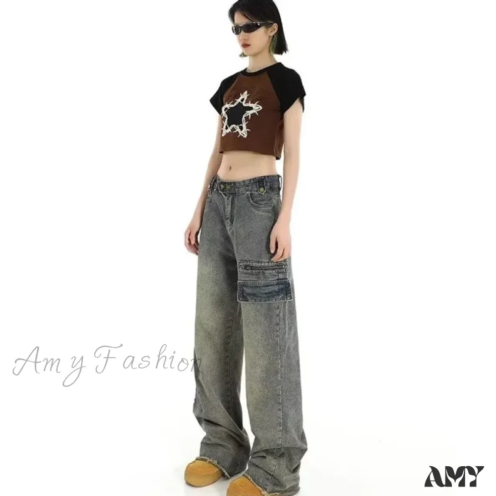 Amy Fashion - Unique Design Straight Pocket Floor Long Retro High Waisted Workwear Summer Women’s