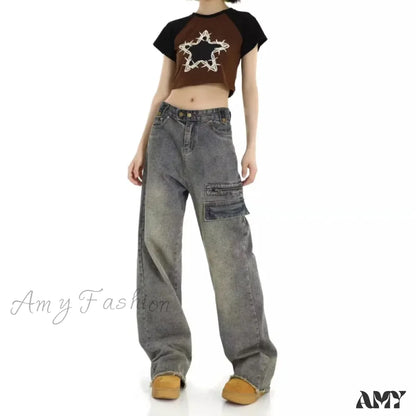 Amy Fashion - Unique Design Straight Pocket Floor Long Retro High Waisted Workwear Summer Women’s