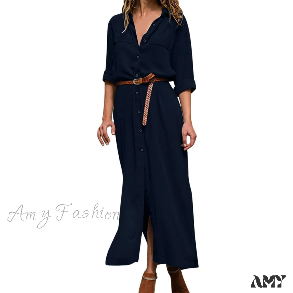 Amy Fashion - V Neck Boho Party Lacing Up Solid Long Maxi Dress Black / S