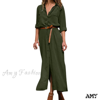 Amy Fashion - V Neck Boho Party Lacing Up Solid Long Maxi Dress Green / S