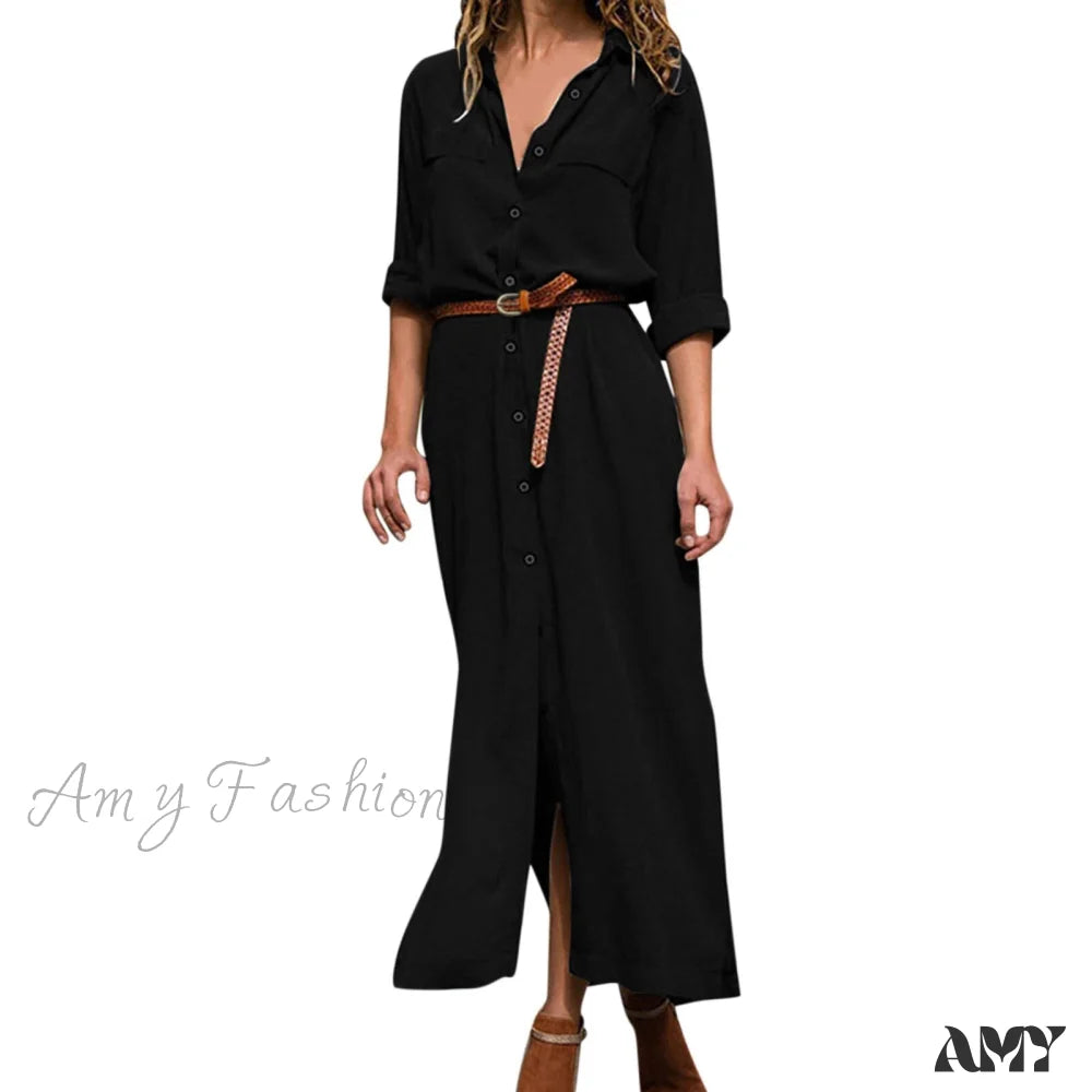 Amy Fashion - V Neck Boho Party Lacing Up Solid Long Maxi Dress Navy / S