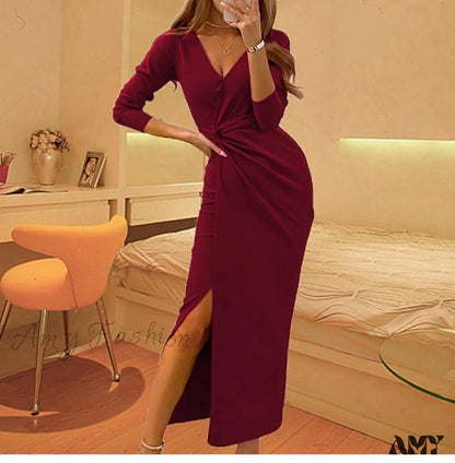 Amy Fashion - V Neck Evening Dresses Long Sleeve Split Maxi Dress