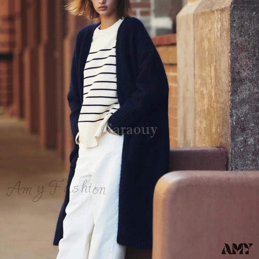 Amy Fashion - V Neck Knit Long Cardigan Coat Female Soft Sweaters